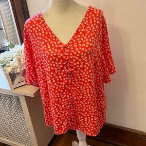 Joules red white short sleeve button front blouse Size 10 New